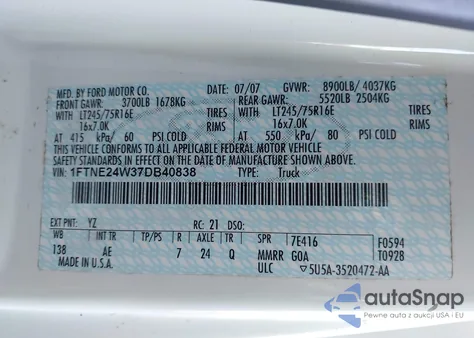 2007 Ford E-250 Commercial/Recreational из США, поврежденный, VIN 1FTNE24W37DB40838